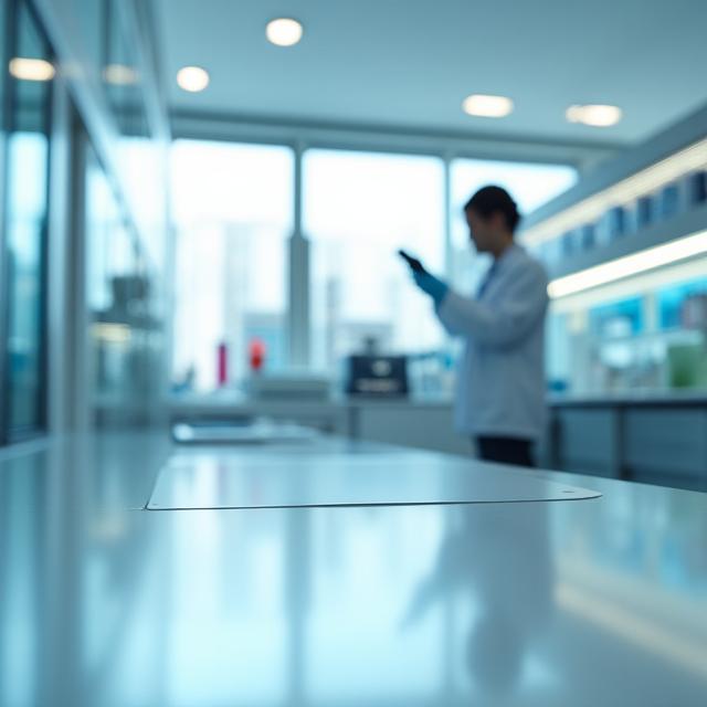 A high-tech clinical laboratory setting with researchers working in the background, representing innovation in healthcare.